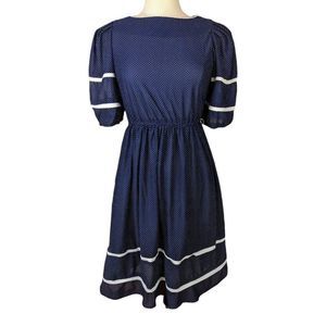 Vintage 70s Navy Blue Swiss Dot Fit and Flare Midi Dress Size 6